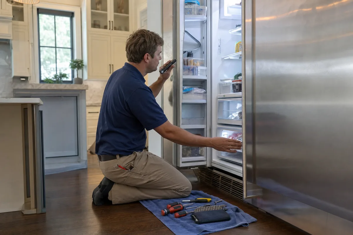 A technician kneeling at an open stainless built-in refrigerator, torch in hand, his tools laid out on a mat across the kitchen floor
