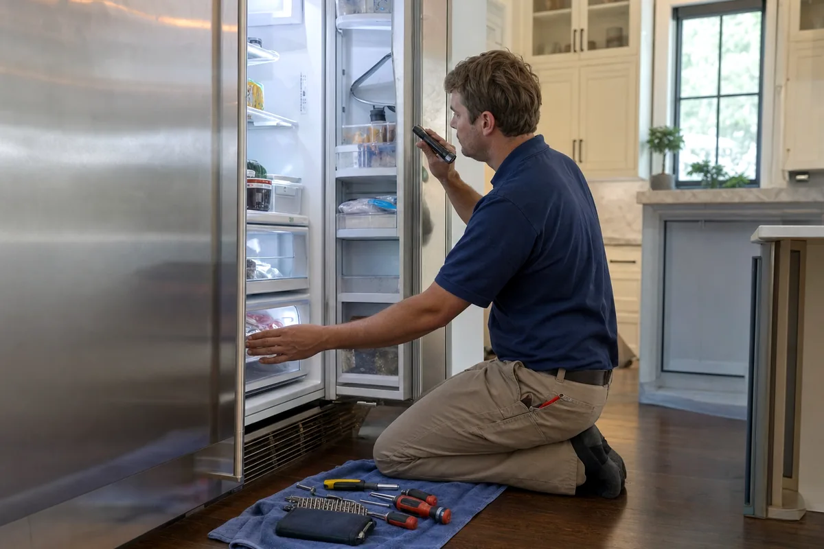 The open door of a full-height refrigeration column, loaded shelves inside, the technician working at the machine compartment below