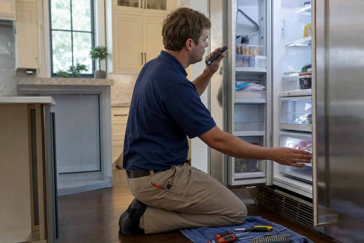 A stainless column standing open in a kitchen with the lower grille removed and a protective mat spread on the floor in front of it