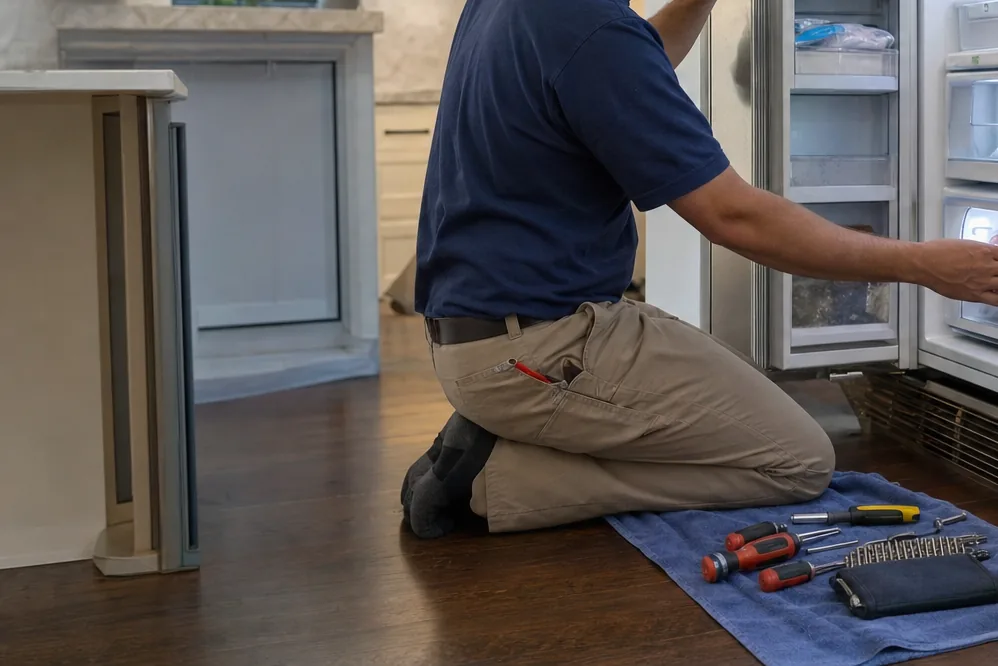 The corner of a bright kitchen with a stainless built-in standing open and a work mat protecting the floor