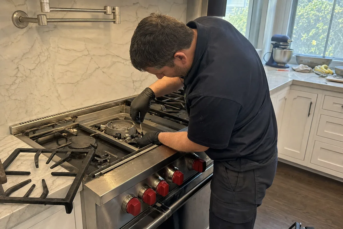A technician leaning over a professional stainless gas range with the grates lifted off, working directly on the burner assemblies