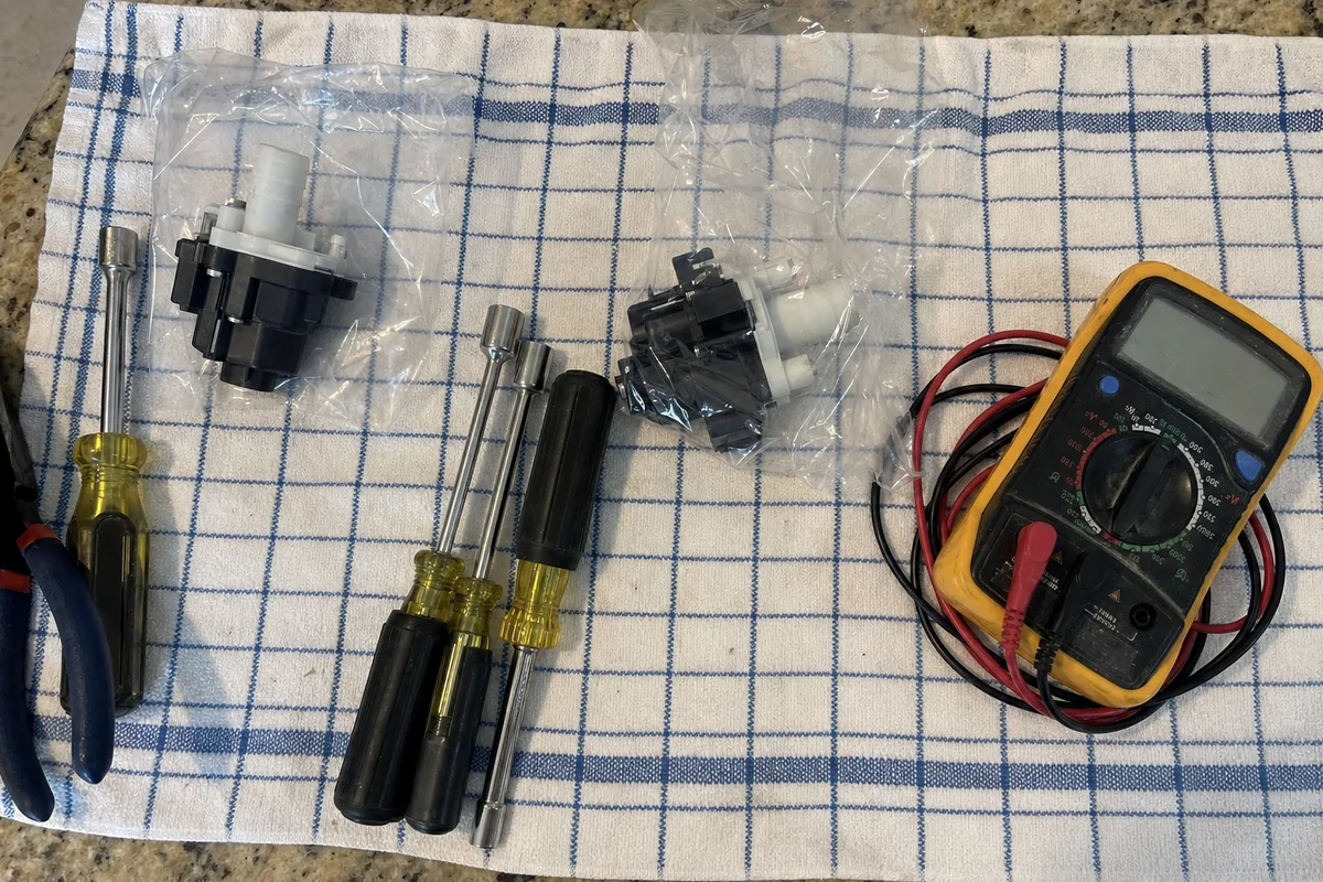 Replacement pump and valve components still sealed in their bags, beside test leads on a folded kitchen towel