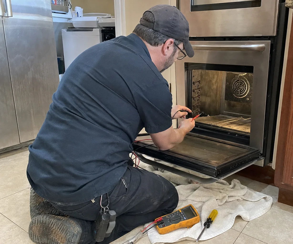 A kneeling technician holds meter probes to a terminal at the back of an open lower wall oven, a yellow multimeter and screwdriver resting on a towel